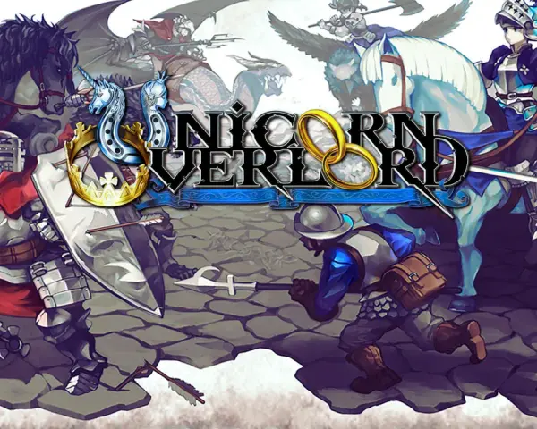 Caballeros, dragones y unicornios en batalla épica. El título "Unicorn Overlord" domina la escena, anunciando un reino de fantasía.