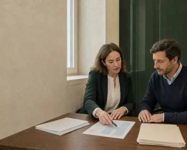 Dos personas revisan documentos en una mesa. Podrían ser ejemplo dos pagadores de renta discutiendo un contrato.