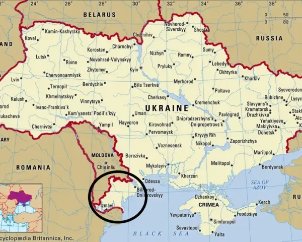 Mapa Ukrainy i Mołdawii. Czarnym okręgiem zaznaczono południową część Mołdawii, która nie ma dostępu do Morza Czarnego.