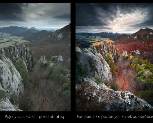Widok na skalne formacje i dolinę. Po lewej surowa, pojedyncza klatka. Po prawej panorama z 6 klatek, gdzie fotograf i fotografik wydobył jesienne barwy.
