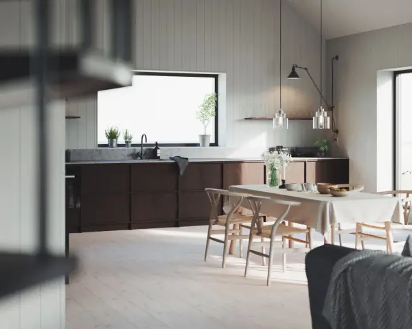 Ljust kök med träpaneler, matbord och köksö. Perfekt panel inomhus inspiration för ett modernt hem.
