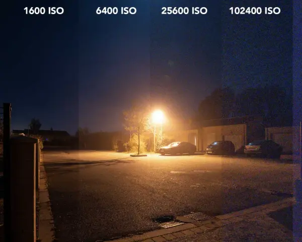 Comparaison de la qualité d'une **iso photo nuit** à différents réglages : 400 à 204800 ISO. Le bruit augmente avec l'ISO.