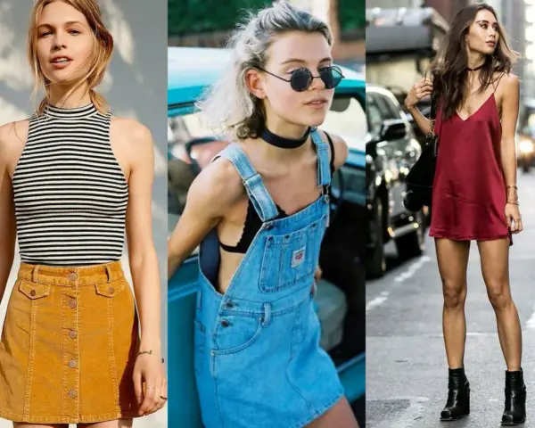 Trzy kobiety w stylizacjach inspirowanych modą lat 90.: w sztruksowej spódniczce, ogrodniczkach i satynowej sukience.