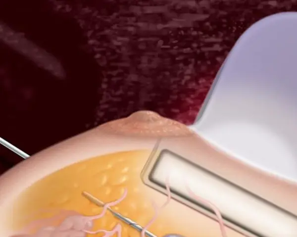 Ilustracja przedstawia biopsję mammotomiczną piersi z użyciem sondy ultradźwiękowej i igły.