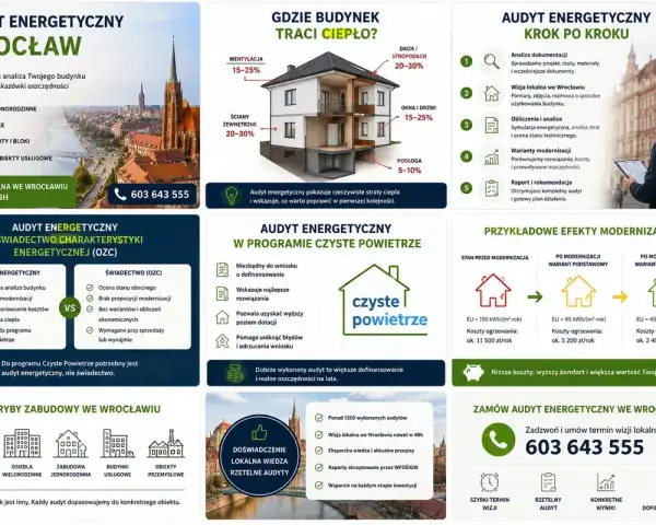 Audyt energetyczny Wrocław: analiza budynku, propozycje modernizacji, koszty. Wzór dokumentu i przykładowe efekty. Zadzwoń 603 643 555.