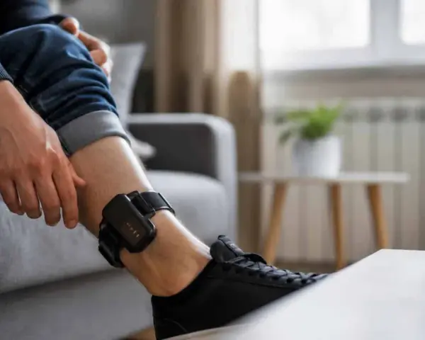 Osoba z elektroniczną obrożą na nodze. To urządzenie monitorujące, które może być częścią kary, a niekoniecznie oznacza, że ktoś "grypsuje" w sensie więziennym.