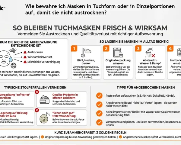 Kühl, trocken, dunkel lagern. Nicht auf dem feuchten Waschbeckenrand oder direkt neben der Dusche aufbewahren, um Austrocknen der gesichtsmaske vor oder nach dem duschen zu vermeiden.