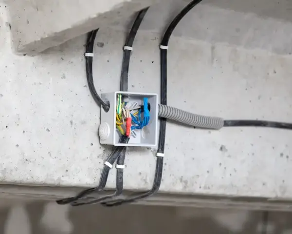 Rozdzielnica modułowa z przewodami elektrycznymi, zamontowana na betonowej konstrukcji.