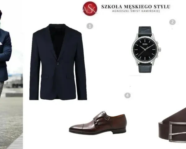 Modny facet po 40. prezentuje elegancki styl: granatowa marynarka, szare spodnie, biała koszula, brązowe buty i pasek, czarny zegarek.