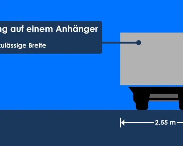 Ladung auf einem Anhänger: Die höchstzulässige Breite beträgt 2,55 m. Hier wird gezeigt, wie weit eine Ladung nach vorne hinausragen darf.
