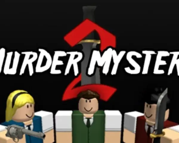Postacie z gry Murder Mystery 2, z napisem "MURDER MYSTERY 2" i mieczem. Szukasz kodów do mm2?