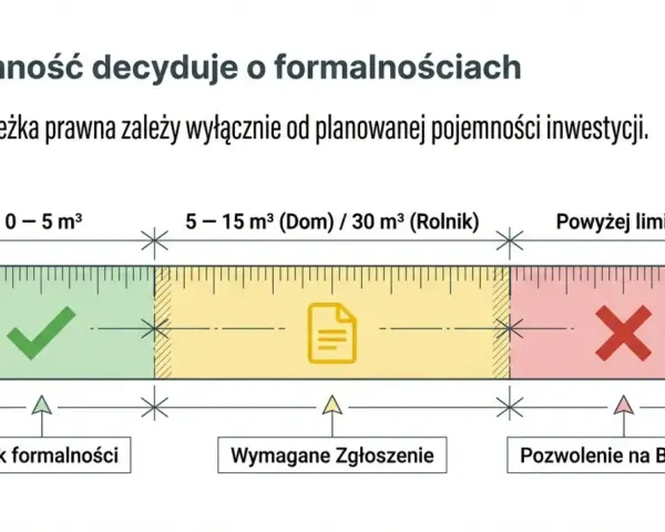 Art. 29 Prawo budowlane: pojemność do 5 m³ - brak formalności, 5-15 m³ (dom) / 30 m³ (rolnik) - zgłoszenie, powyżej limitów - pozwolenie.