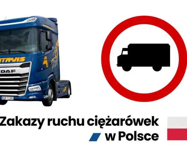 Niebieska ciężarówka DAF obok znaku zakazu ruchu dla pojazdów ciężarowych. Temat: zakazy tir w Polsce.