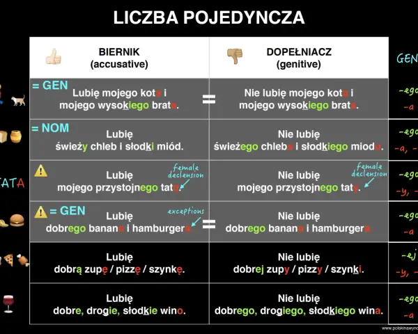 Tabela porównuje przypadki biernik i dopełniacz, pokazując, jak zmienia się partykuła w zdaniach.