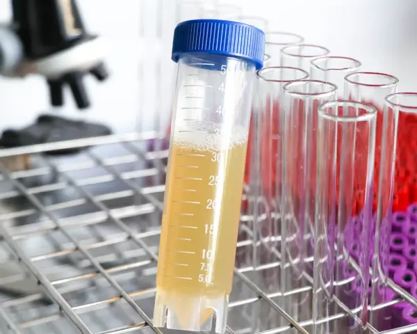 Laborröhrchen mit gelblicher Flüssigkeit, die auf erhöhten Protein im Urin hinweisen könnte. Im Hintergrund ein Mikroskop.