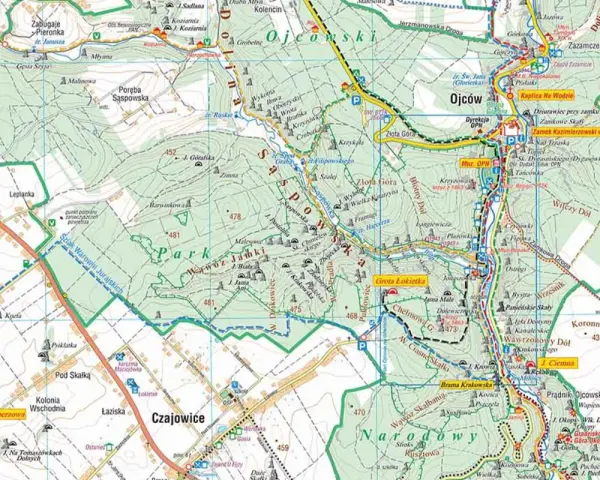 Ojcowski Park Narodowy: ciekawostki na mapie. Zobacz szlaki, jaskinie (Grota Łokietka), punkty widokowe i zabytki.