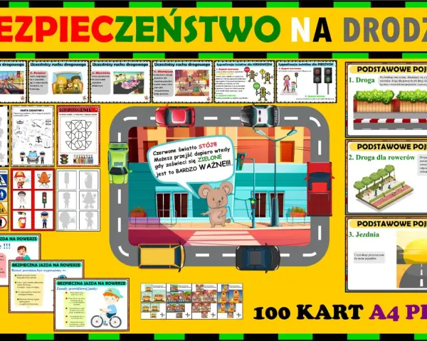 Ilustracja edukacyjna "Bezpieczeństwo na drodze" z zasadami ruchu drogowego dla dzieci, sygnalizacją świetlną i znakami.