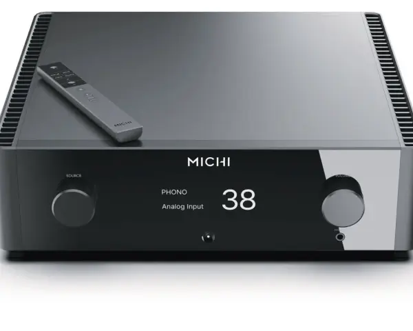 Elegancki wzmacniacz Rotel Michi X3 z pilotem. Wyświetlacz pokazuje "PHONO Analog Input 38".