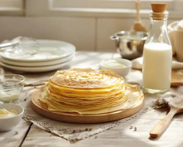 Une pile de crêpes dorées, prêtes pour une recette crêpe comme à la crêperie. Lait, crème et ustensiles à proximité.