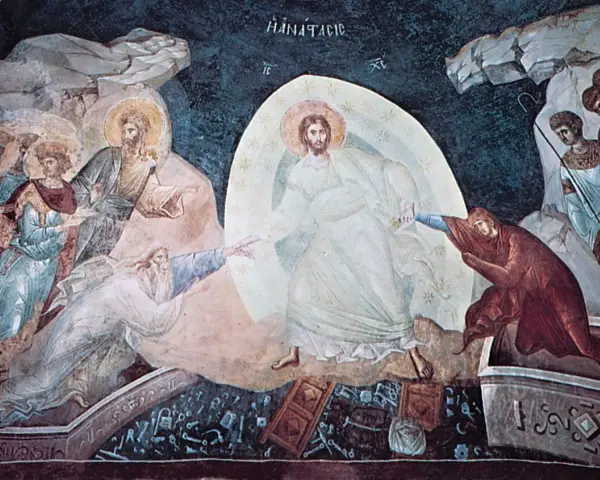 Resurrection scene: Christ pulls Adam and Eve from a tomb, symbolizing liberation from purgatory.