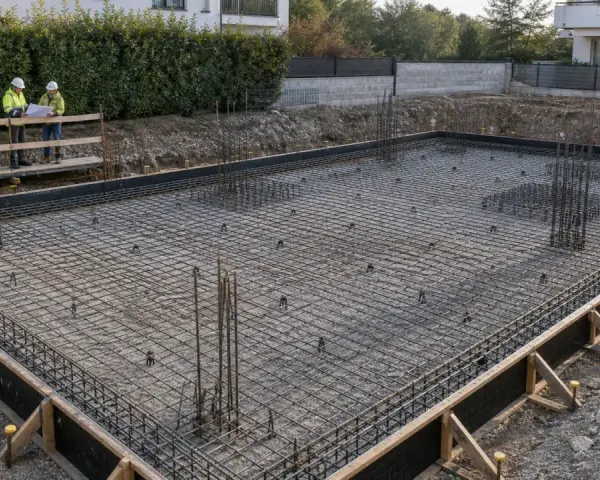 Costruzione di una platea di fondazione con rete metallica e armature in vista. Due operai con caschi discutono il progetto.