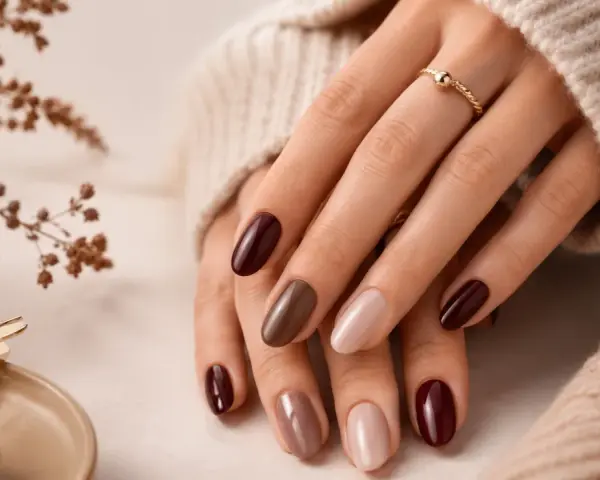 Mani curate con smalti color terra e bordeaux, un'anticipazione delle unghie inverno 2026. Un anello dorato completa il look.