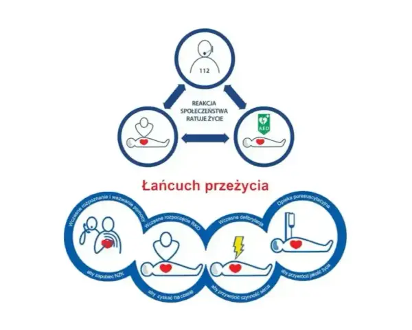 Schemat "Łańcuch przeżycia" przedstawiający etapy pierwszej pomocy: wezwanie pomocy, RKO, defibrylacja, opieka poresuscytacyjna.