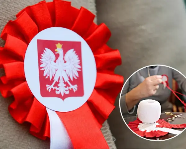 Jak zrobić kotylion: czerwono-biała kokarda z orłem, obok ręce tworzące podobny wzór z nici i nożyczek.