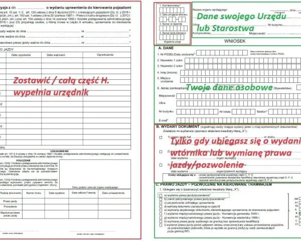 Wniosek o wydanie prawa jazdy, wtórnika lub wymianę dokumentu. Wypełnij dane osobowe i zaznacz cel złożenia wniosku.