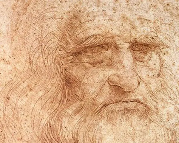 Szkic twarzy starca, przypominający portret z epoki renesansu, idealny do ilustracji biografii Leonardo da Vinci.
