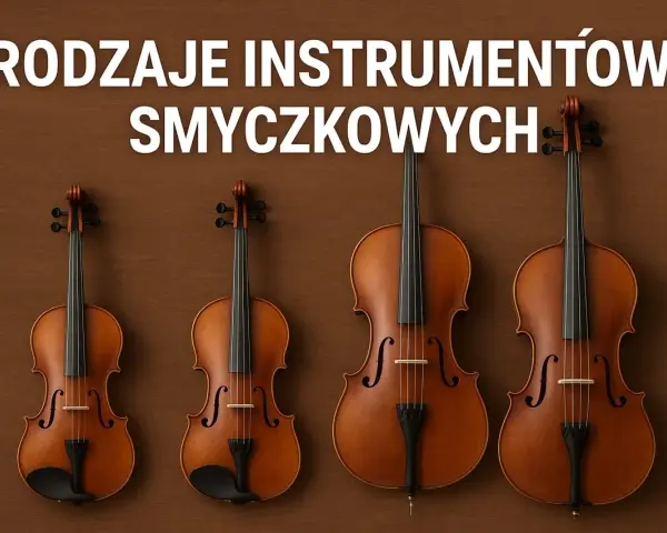 Cztery instrumenty smyczkowe: skrzypce i wiolonczele, prezentujące jakie są instrumenty smyczkowe.