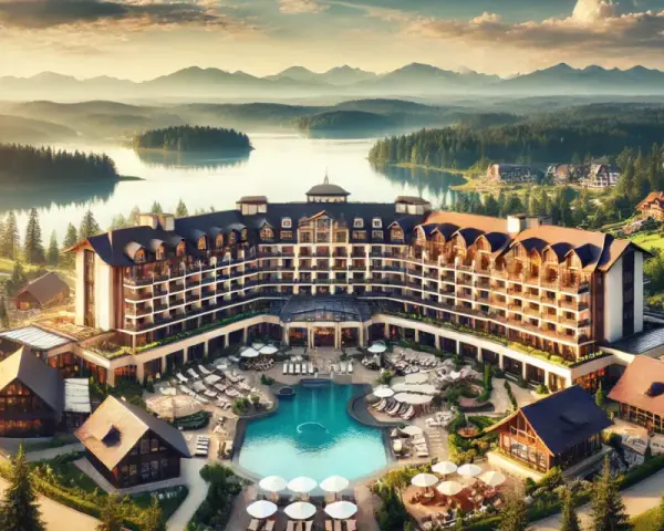 Luksusowy resort w otoczeniu gór i lasów, z basenem i licznymi domkami. To miejsce, gdzie można odpocząć i poczuć, co to znaczy resort.