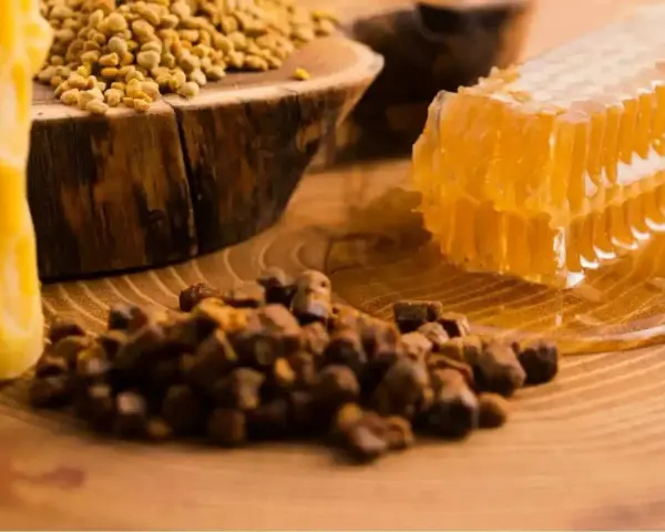 Propolis, pollen, et rayon de miel sur fond de bois. Découvrez les nombreux propolis bienfaits pour la santé.