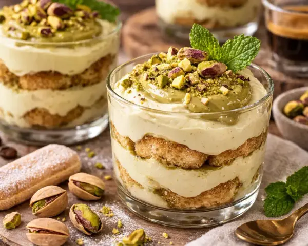 Schichtdessert mit Mascarpone-Creme, Löffelbiskuits und Pistazien, garniert mit Minze. Ein köstliches Mascarpone-Dessert.