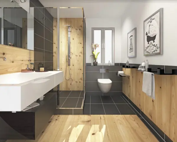 Salle de bain moderne avec murs en bois chaleureux, douche à l'italienne, lavabo suspendu et WC. L'ambiance naturelle du bois pour salle de bain invite à la détente.