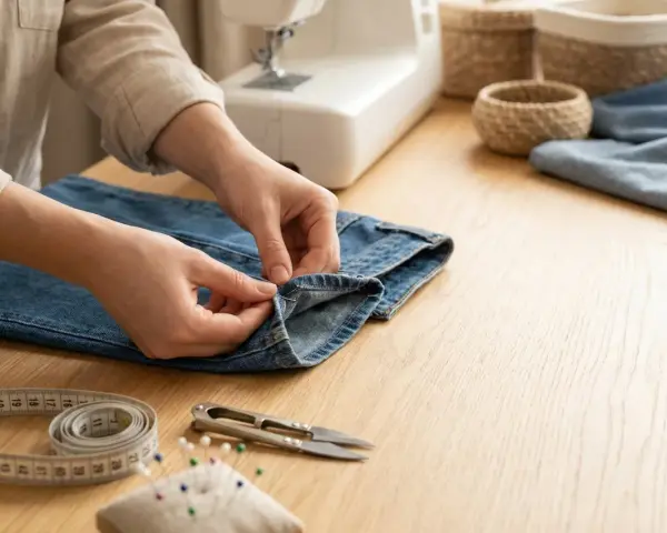 Händer syr upp jeans. Verktyg som måttband, nåldyna och sax ligger på bordet, vilket visar olika sätt att lägga upp maskor för ett perfekt resultat.