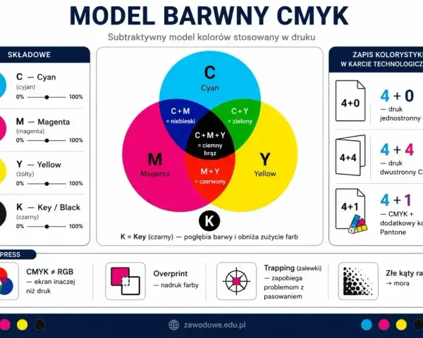 Model barwny CMYK: cyjan, magenta, żółty i czarny tworzą kolory druku. RGB to ekran, CMYK to druk.