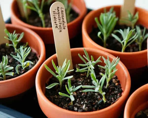 Kleine Lavendel-Setzlinge in Terrakotta-Töpfen, bereit zum Auspflanzen. Die Etiketten zeigen "Lavandula angustifolia 'Hidcote'", was auf das erfolgreiche Lavendel vermehren hindeutet.