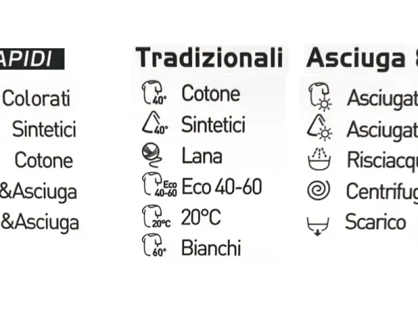 Programmi lavatrice: cicli rapidi, tradizionali, asciugatura. Descrive come funziona la lavatrice con opzioni per tessuti e temperature.