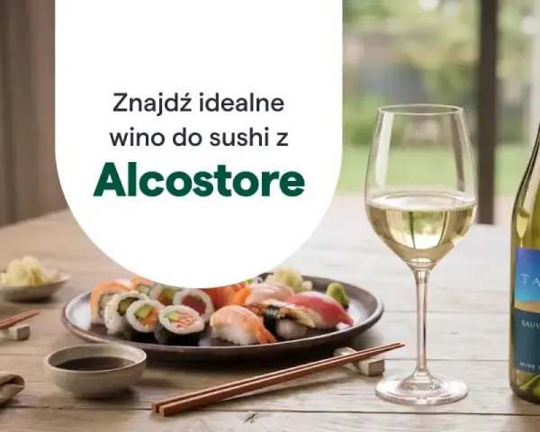 Idealne wino do sushi czeka! Zobacz, jakie wino do sushi wybrać z Alcostore. Na stole sushi, sos sojowy, wasabi i kieliszek białego wina.