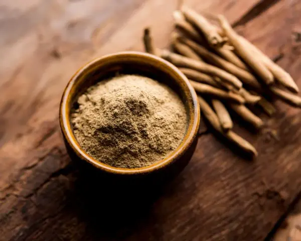 Ashwagandha Pulver in einer Schale und Wurzeln daneben. Wann einnehmen? Ideal morgens oder abends für Stressabbau.