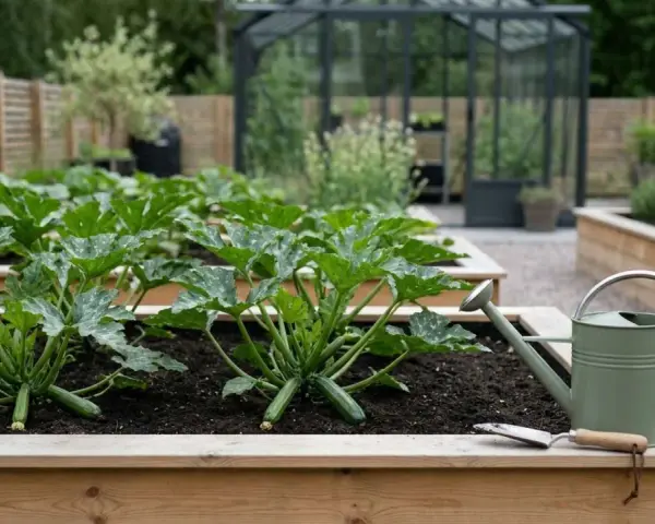 En frodig zucchini planta i en upphöjd bädd, redo för skörd. En grön vattenkanna och spade står redo.