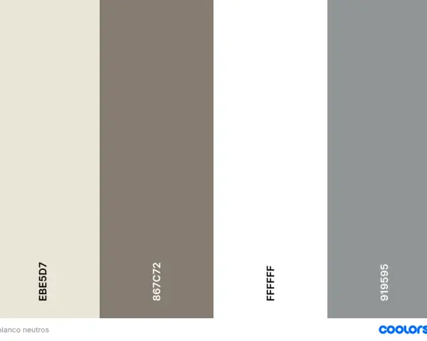 Paleta de colores: diferencia entre blanco tiza (EBE5D7) y blanco antiguo (867C72), junto a blanco puro (FFFFFF) y gris (919595).