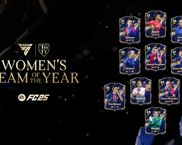Karty najlepszych piłkarek w EA FC 25: Hansen, Smith, James, Reiten, Putellas, Bonmatí, Karchaoui, Renard, Paredes, Bronze i Berger.