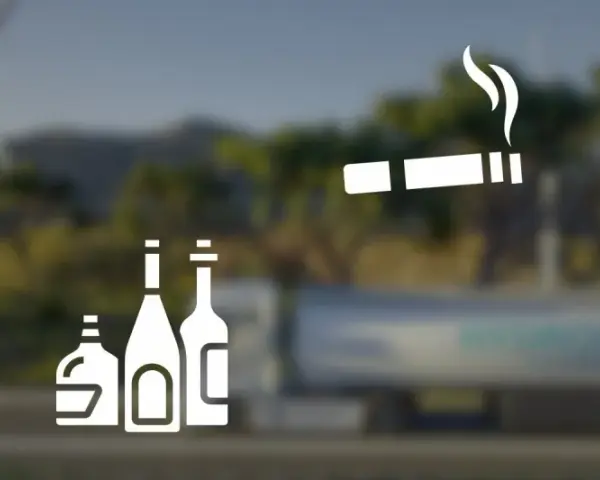 Stacja paliw, butelki alkoholu, papieros i probówka. Co to jest? To symbole różnych substancji, które mogą wpływać na nasze zdrowie i środowisko.