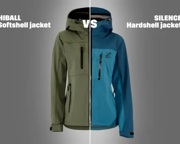 Confronto tra giacca softshell e hardshell. La giacca softshell, con il suo significato di flessibilità e comfort, è presentata in verde.