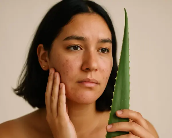 Donna con brufoli da stress sul viso, che tiene una foglia di aloe vera.