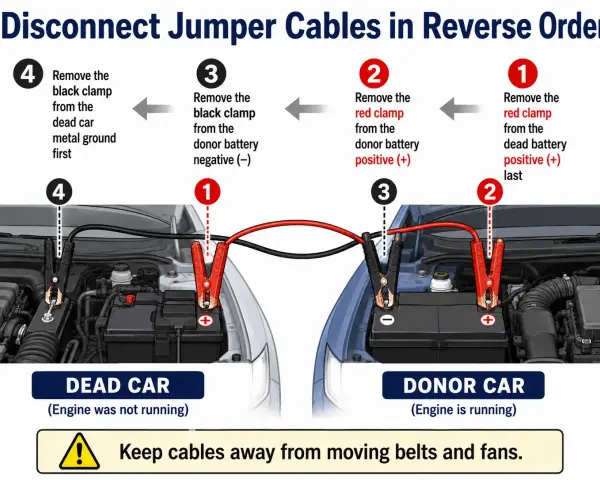 Diagram shows disconnecting jumper cables in reverse order: remove black clamp from dead car ground first, then black from donor, red from donor, and finally red from dead car.
