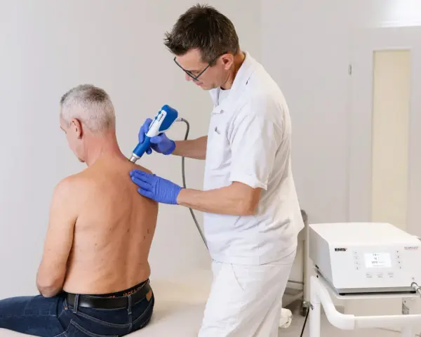 Therapeut behandelt Manns Schulter mit Stoßwellentherapiegerät. Es tut nicht weh, wie eine Spritze in die Schulter.