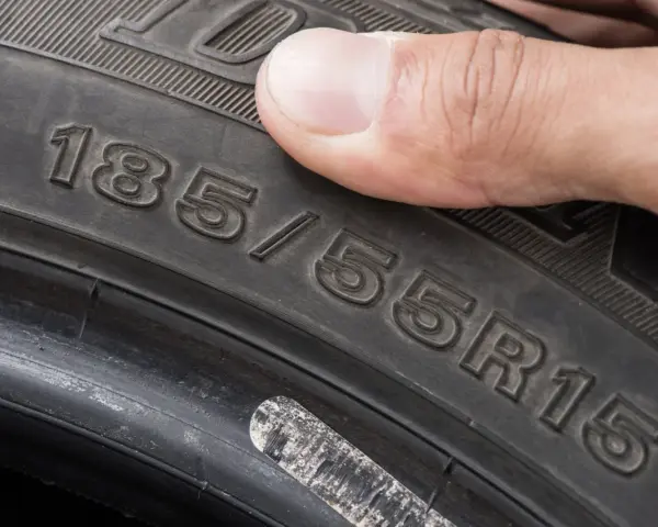 Dito si vede il pneumatico cinturato, con la misura 185/55R15. Capire il pneumatico cinturato significato è fondamentale per la sicurezza.
